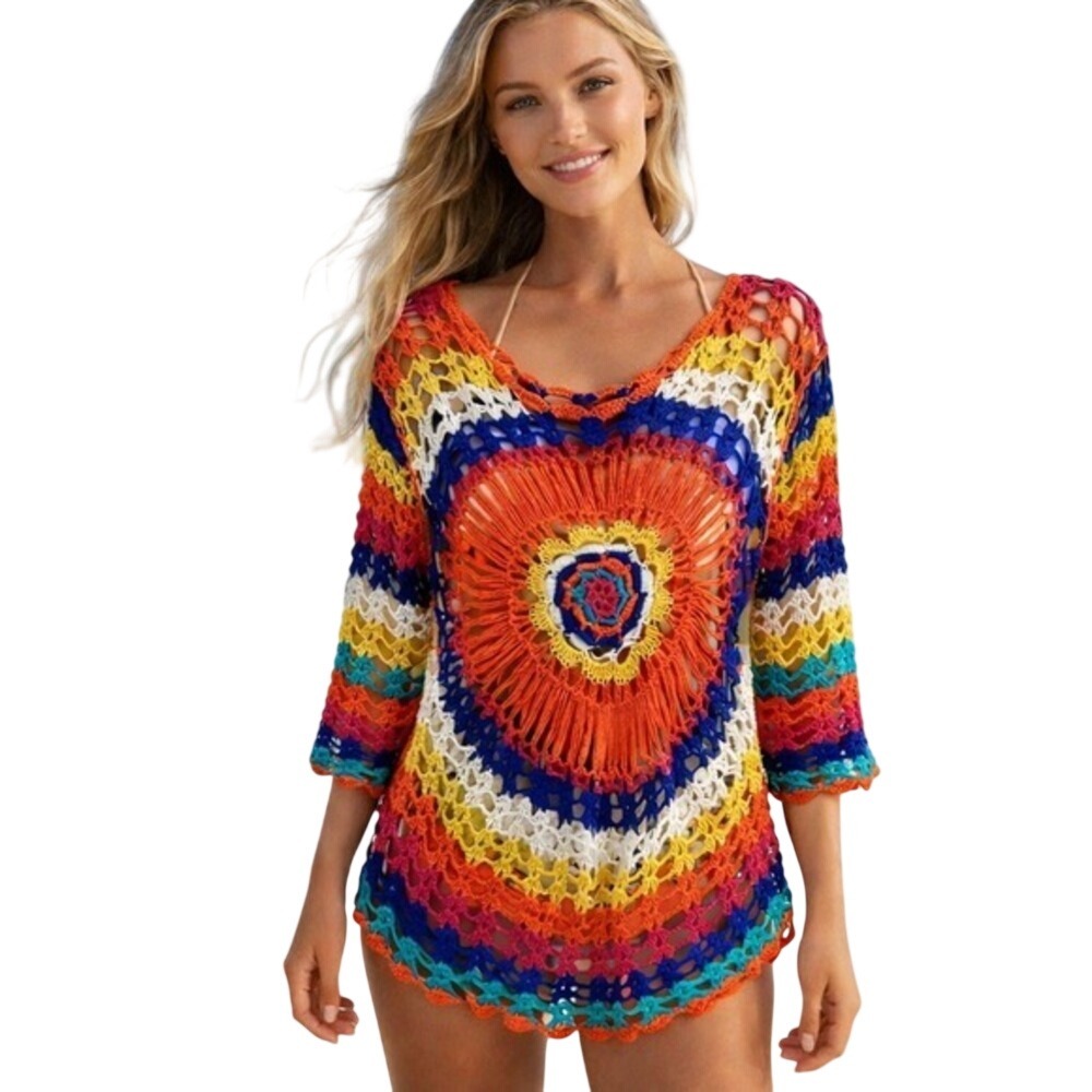 Resortcore‎ Boho Chic Colorful Crochet Tunic Top Beach Swimsuit Cover Up Small